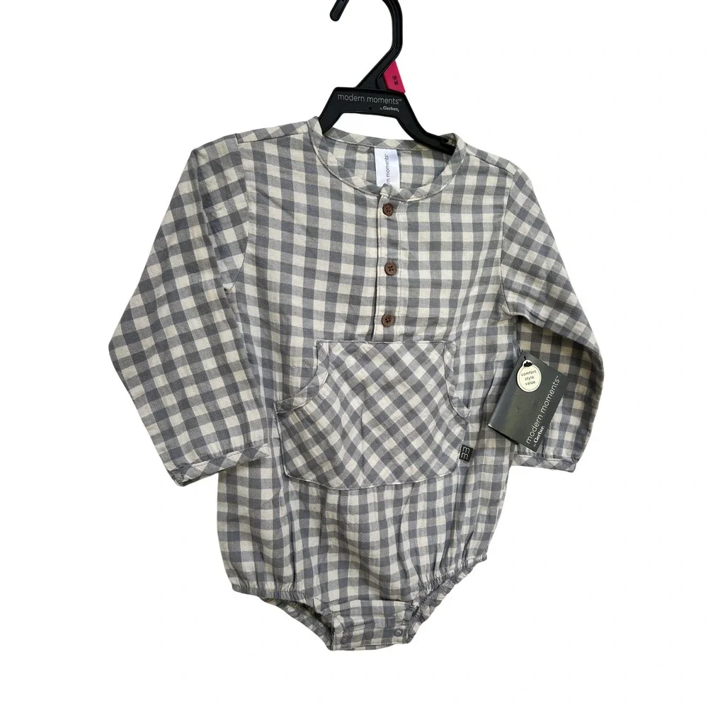 Modern Moments by Gerber Baby Gingham Henley Romper Slate Gray 18M 67883B01